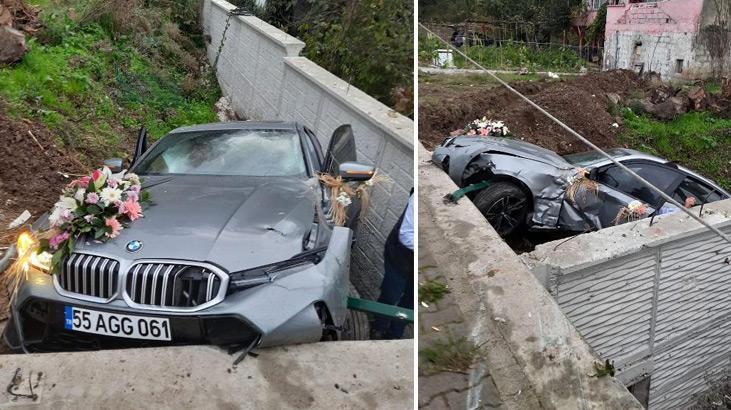 Konvoyda kontrolden çıkan gelin arabası boş araziye düştü