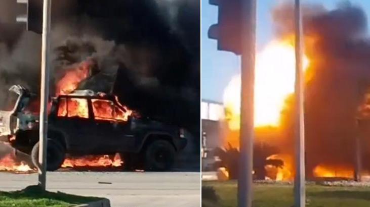 Antalya’da yol ortasında alev alan cip patladı