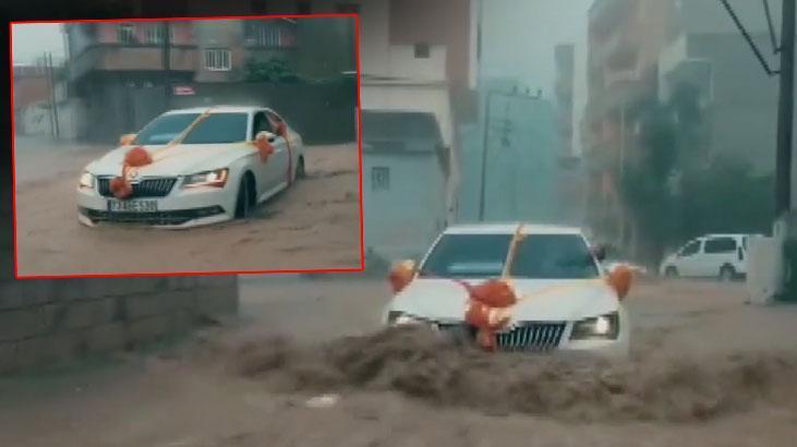 Bu görüntüler Şırnak’tan! Gelin arabasıyla sel sularında ilerlediler