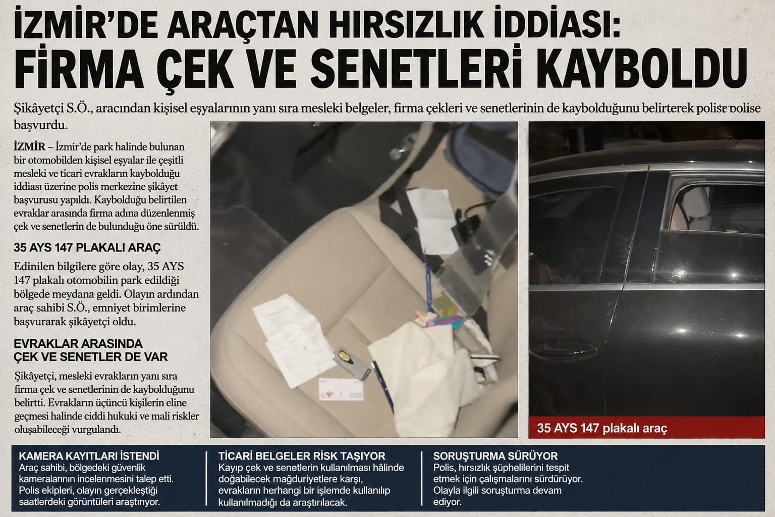 İzmir’de Park Halindeki Araçtan Ticari Evraklar Kayboldu: Çek ve Senetler İçin Soruşturma Başlatıldı