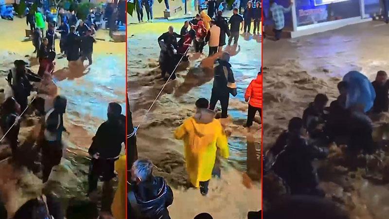 Sarıyer’de sağanak nedeniyle yollar sular altında kaldı: Vatandaşlar halatla karşıya geçti